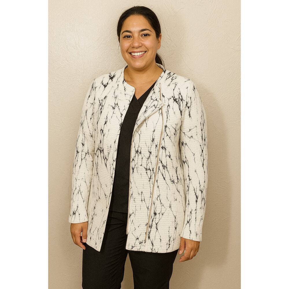 H By Halston Women's Ivory Black Long‎ Sleeve Front Zip 2 Pocket Blazer Size 14